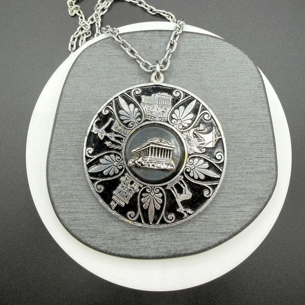 Greek Revival Parthenon Medallion Necklace Silver Tone Black Enamel Statement